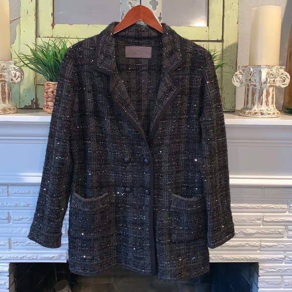 D. EXTERIOR Green & Black Wool Plaid Sparkle Double Breasted Blazer Holiday L - Picture 2 of 9